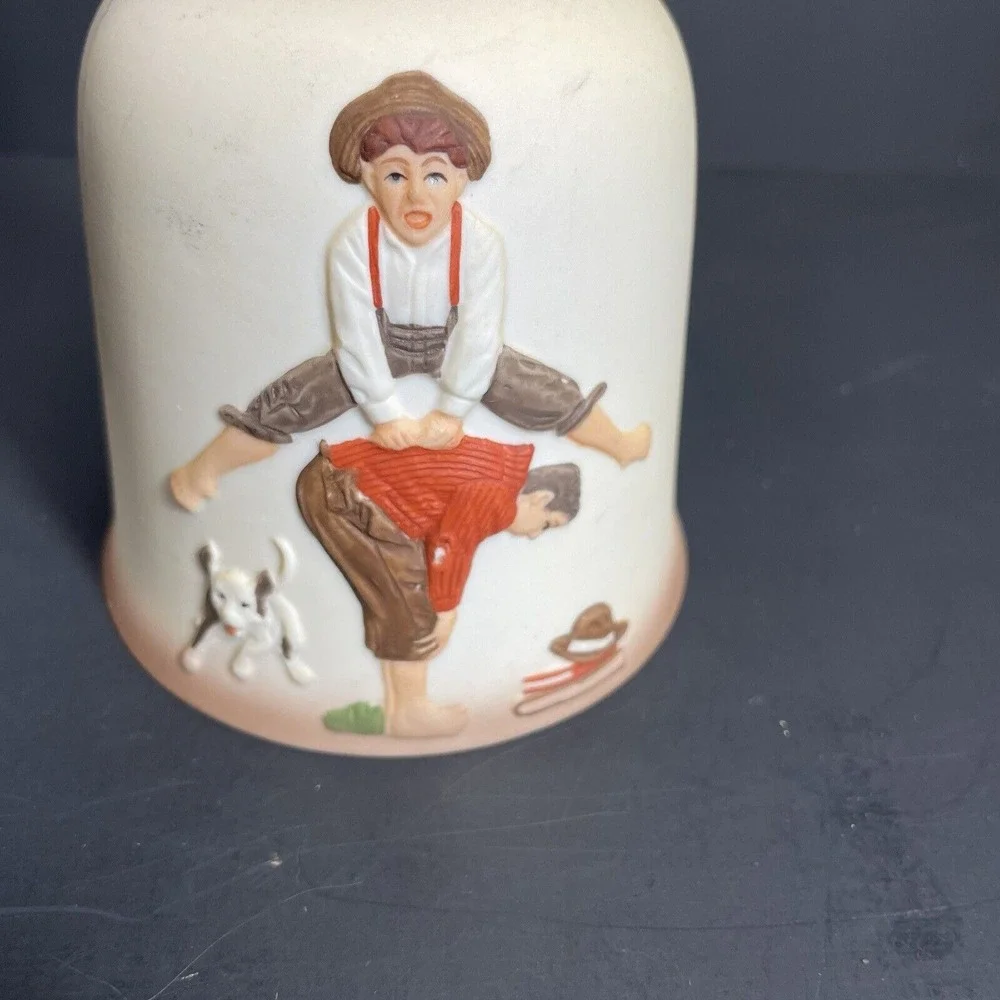 1980 Norman‎ Rockwell Porcelain Hand Bell Dave Grossman Design Boys Leapfrog Dog